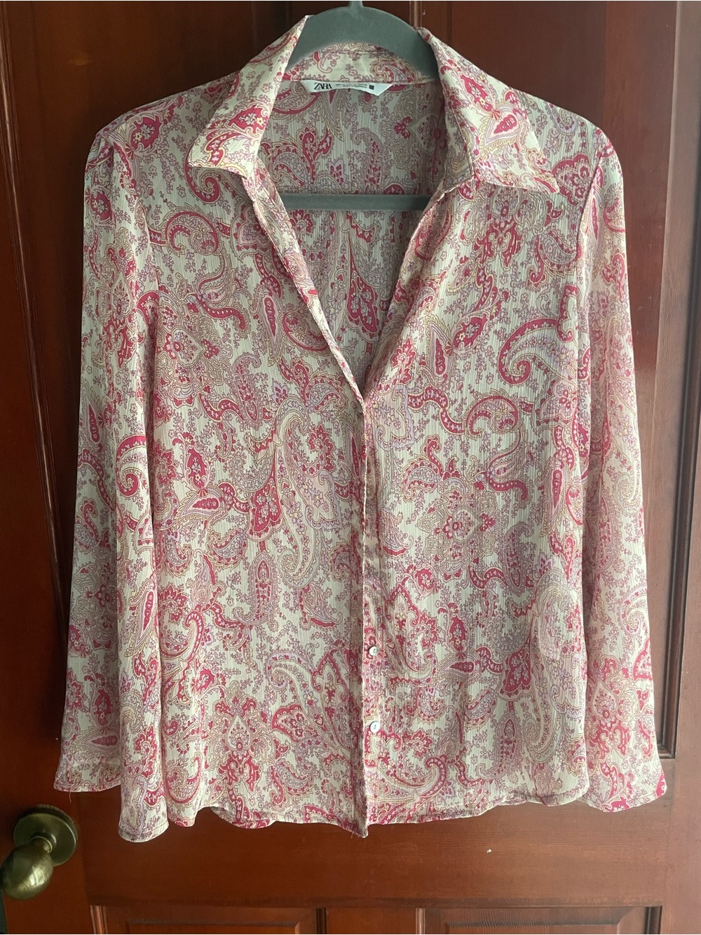 Zara Cream and Pink Paisley Button-Front Blouse